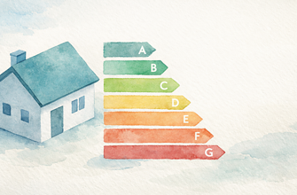 EPC C update - Watercolour illustration of a house and energy efficiency ratings, ideal for landlord property management and energy audits.