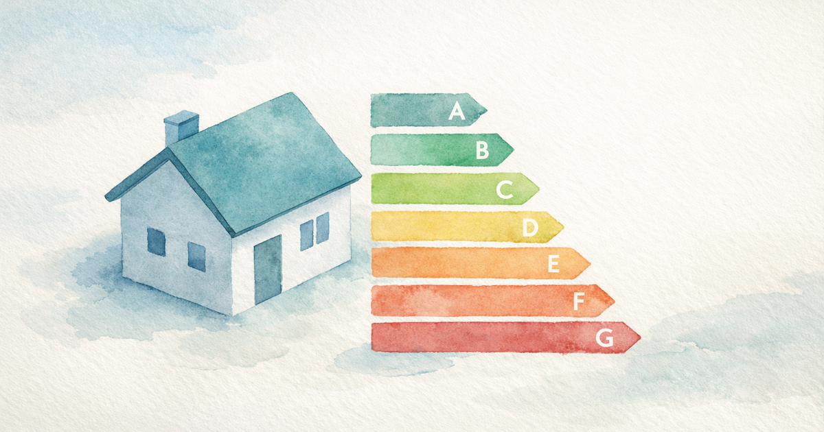 EPC C update - Watercolour illustration of a house and energy efficiency ratings, ideal for landlord property management and energy audits.