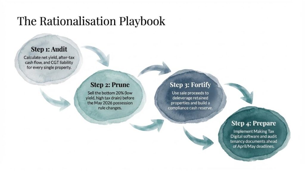 Visual of property portfolio decision process for UK landlords in 2026.