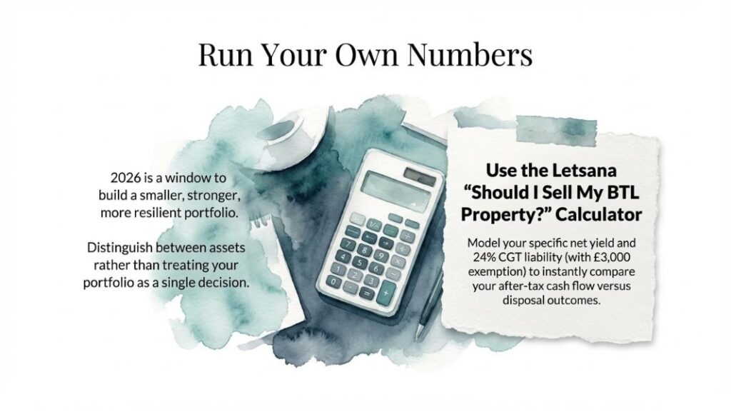 Calculator and notes on property sale decisions for UK landlords in 2026.