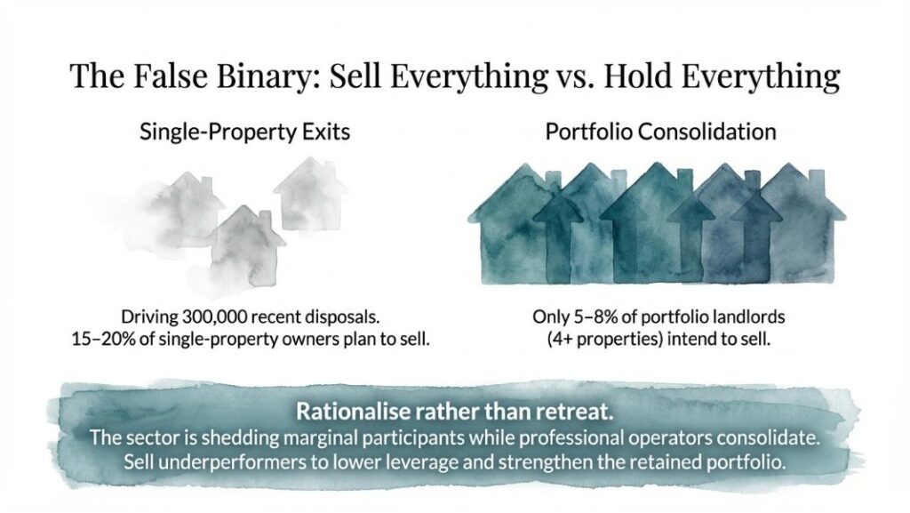 Illustration comparing single-property exits and portfolio consolidation for UK landlords.