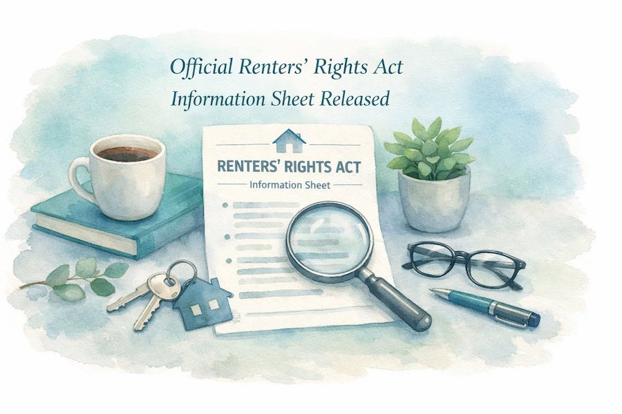 Official Renters' Rights Act information sheet with magnifying glass and office items.
