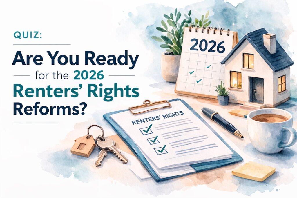 Illustration of property rights reforms quiz with house, keys, and checklist for 2026.