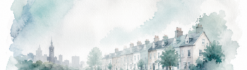 A well-maintained residential street with historic terraced houses and lush greenery, representing l.