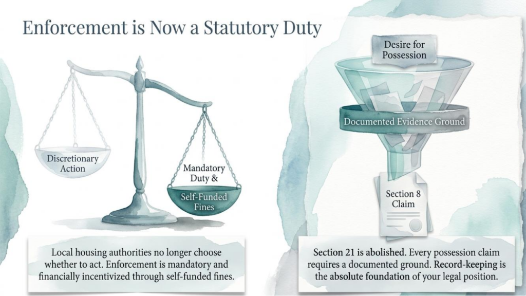 Illustration of legal enforcement and tenants' rights under the Renters’ Rights Act.