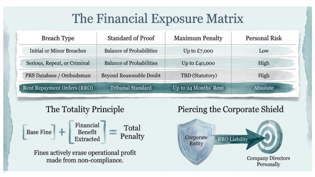 Financial exposure matrix highlighting Rent Repayment Orders (RRO) standards.