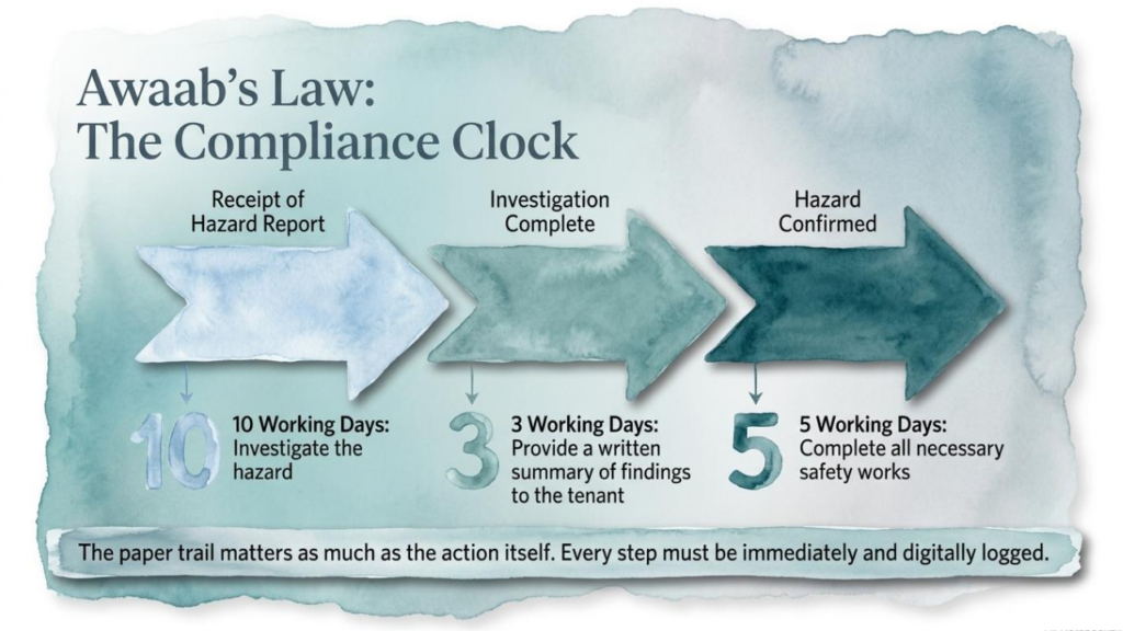 Timeline of Awaab’s Law compliance steps for property safety.