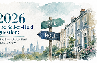 Modern residential street with "Sell" and "Hold" signs, representing property market decisions in th.